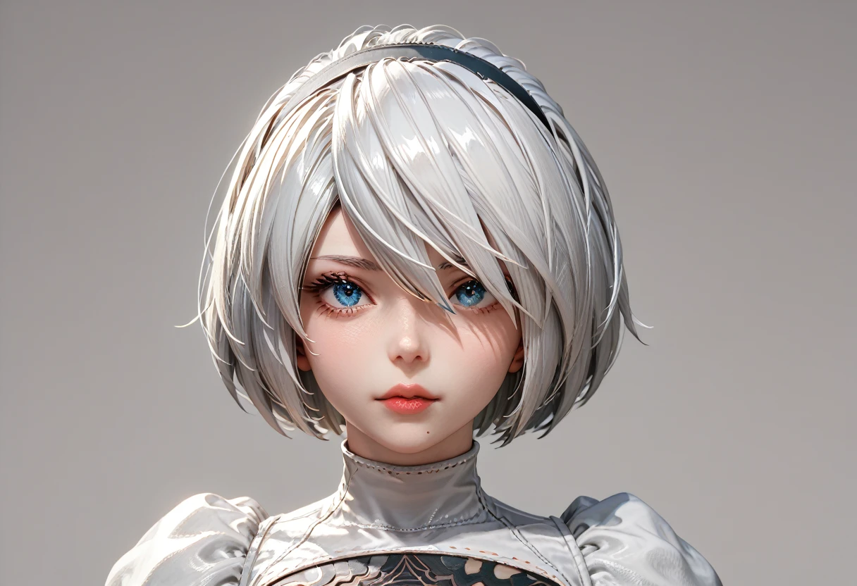 character sheet desing 2b from nier automata, only head. beauty face, perfect proportion, simetria, ((((3d model only head)))) ((((front view head and left view and back view and top view))))))
