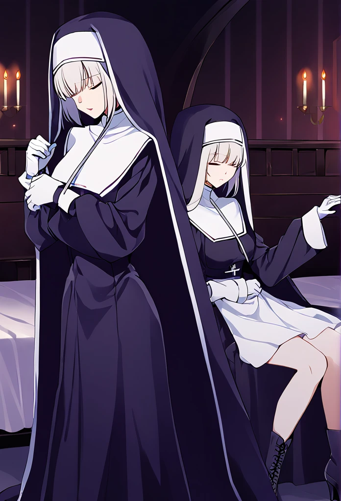 (2girls, couple) Nun, long skirt, long over loose sleeves, white gloves, faceless, handless, nun outfits, 
cape covering whole body, long cape, scary cape, sexy, sexy pose, heels boots, room, bed, sitting. sleeping together