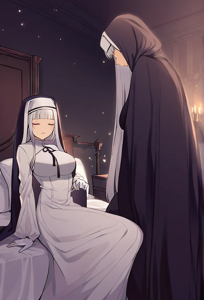 (2girls, couple) Nun, long skirt, long over loose sleeves, white gloves, faceless, handless, nun outfits, 
cape covering whole body, long cape, scary cape, sexy, sexy pose, heels boots, room, bed, sitting. sleeping together