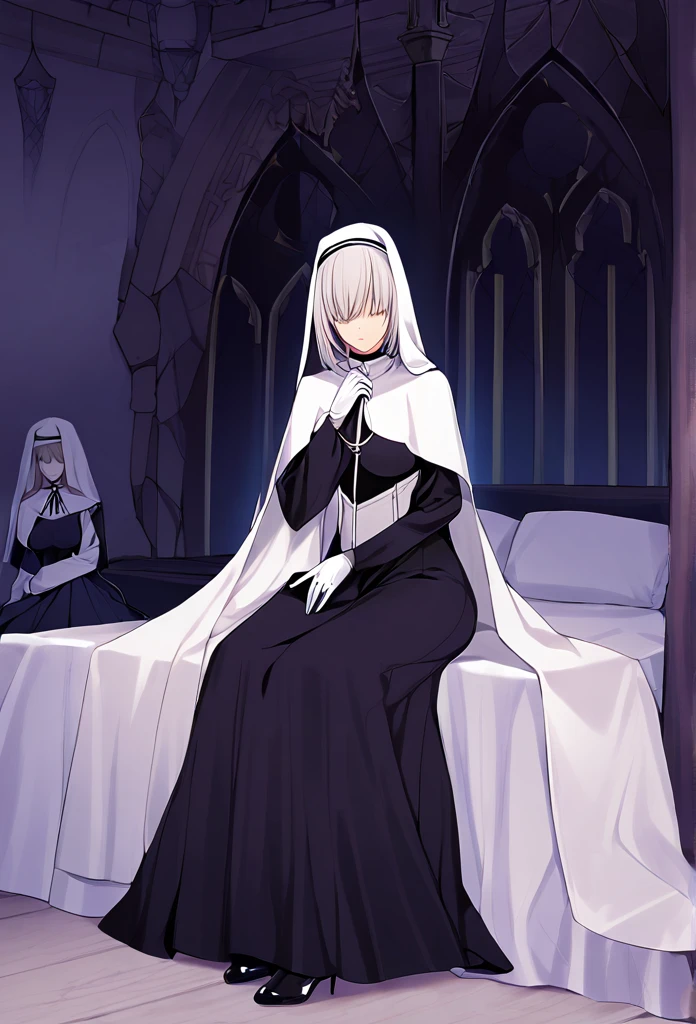 (2girls, couple) Nun, long skirt, long over loose sleeves, white gloves, faceless, handless, nun outfits, 
cape covering whole body, long cape, scary cape, sexy, sexy pose, heels boots, room, bed, sitting. sleeping together