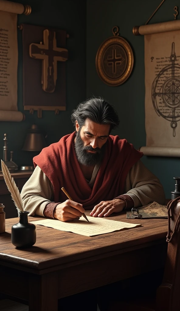 : Generate a hyper-realistic scene of the Apostle Paul writing a letter in a dimly lit room. He is seated at a wooden desk, quill in hand, with parchment and ink scattered around. The walls are adorned with scrolls and religious symbols, reflecting his deep commitment to spreading the Gospel.