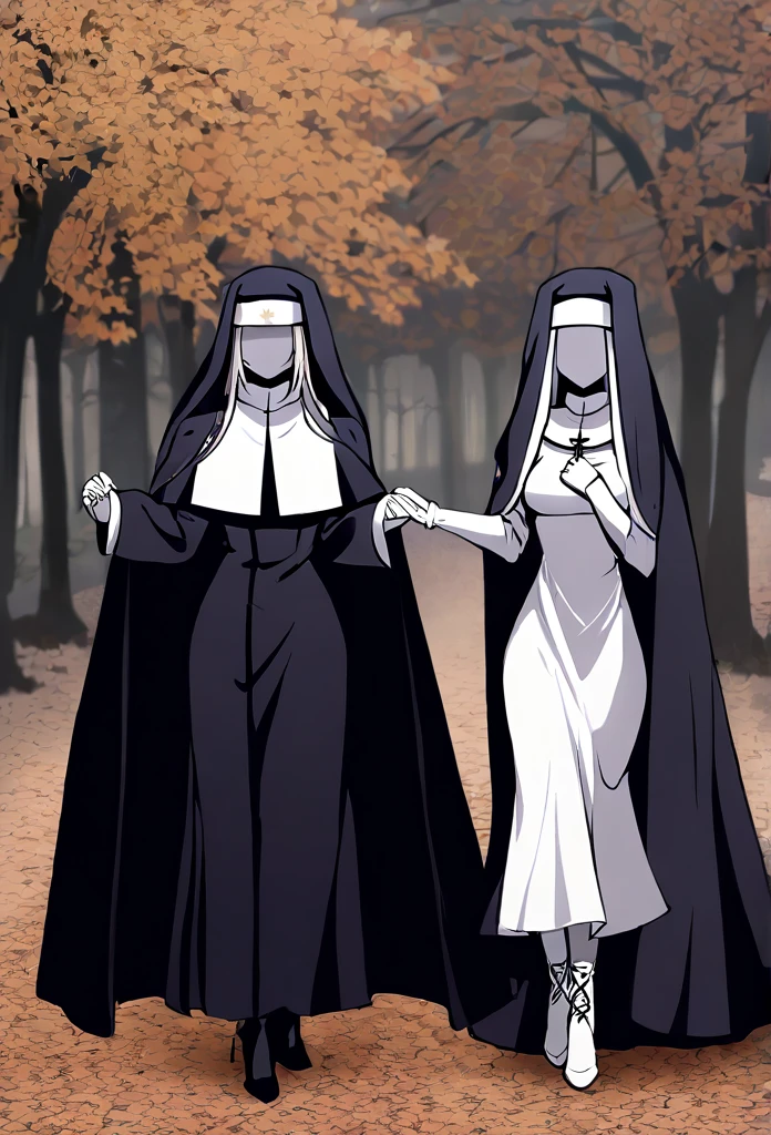 (2girls, couple) Nun, long skirt, long over loose sleeves, white gloves, faceless, handless, nun outfits, 
cape covering whole body, long cape, scary cape, sexy, sexy pose, heels boots, park, walking, holding hands together