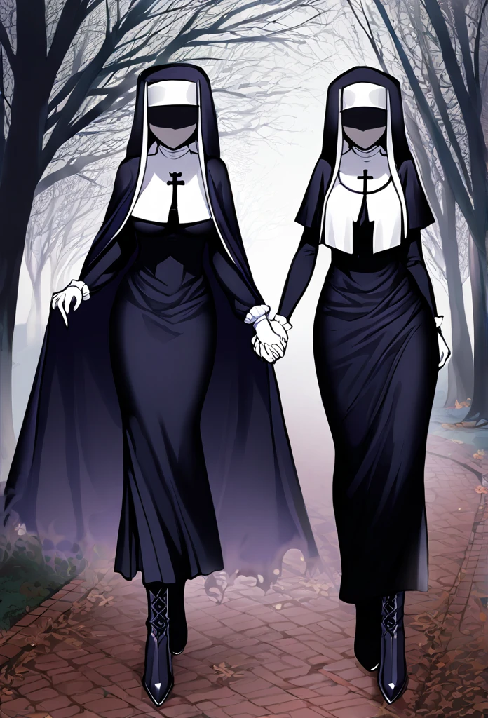 (2girls, couple) Nun, long skirt, long over loose sleeves, white gloves, faceless, handless, nun outfits, 
cape covering whole body, long cape, scary cape, sexy, sexy pose, heels boots, park, walking, holding hands together