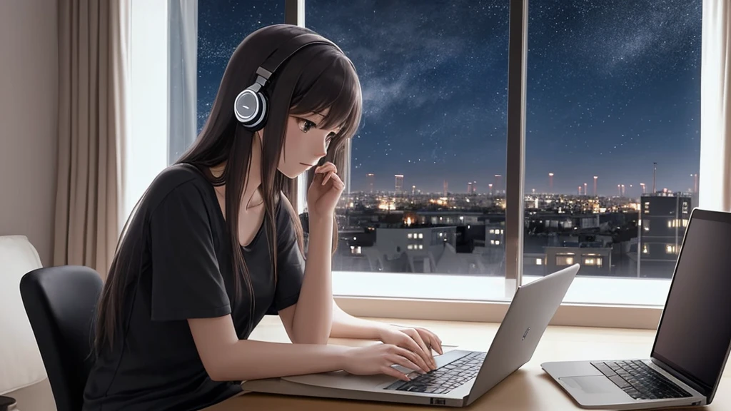 "An anime-style illustration of a young woman wearing headphones, working on her laptop in a dark room, illuminated primarily by the glow from the laptop screen. She gazes intently at the screen with a calm, focused expression. The room is dimly lit, allowing the city lights outside the window to stand out vividly, creating a striking nighttime view with tall buildings and softly twinkling lights. The cityscape provides depth and contrast to the scene, highlighting the cozy, quiet atmosphere. The color palette is cool and muted, with hints of warmth from the laptop light, capturing a serene and focused mood perfect for lo-fi music. The character is portrayed with natural proportions and a relaxed posture, and room details are minimal to maintain focus on the peaceful setting."