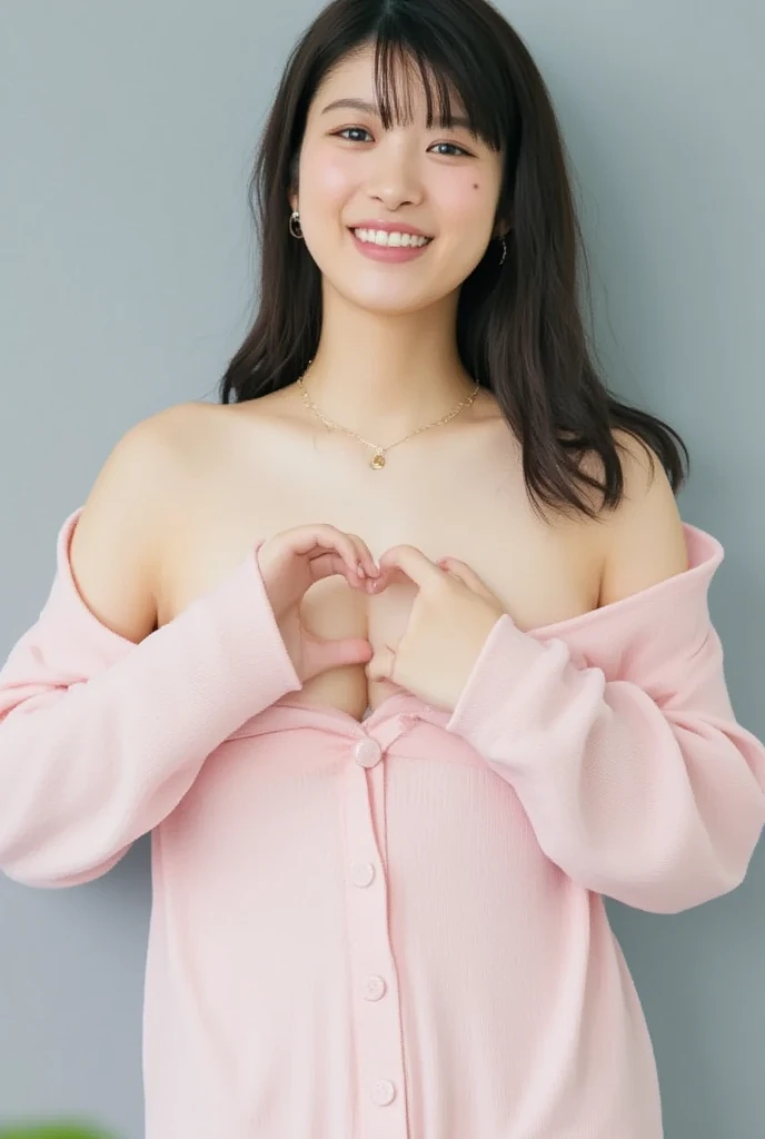 They are wearing off-shoulder pajamas, making a firm big heart shape with both hands, and holding them in front of their chest, View above collarbone、Throat up for a cute smile、Monotone background

