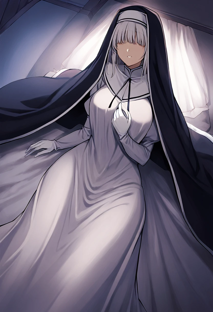 (1girl, solo) Nun, long skirt, long over loose sleeves, white gloves, faceless, handless, nun outfits, 
cape covering whole body, long cape, scary cape, sexy, sexy pose, laying down the bed, room, used cape to cover herself 