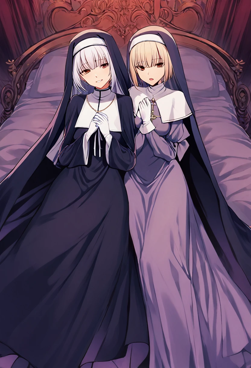 (2girls, couple) Nun, long skirt, long over loose sleeves, white gloves, faceless, handless, nun outfits, 
cape covering whole body, long cape, scary cape, sexy, sexy pose,, room, bed, laying down on bed, laying down together 