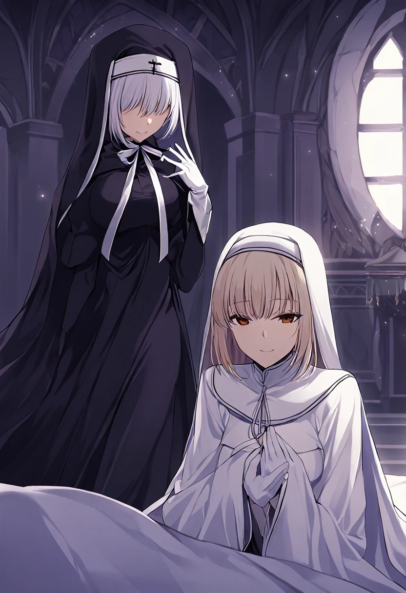 (2girls, couple) Nun, long skirt, long over loose sleeves, white gloves, faceless, handless, nun outfits, 
cape covering whole body, long cape, scary cape, sexy, sexy pose,, room, bed, laying down on bed, laying down together 