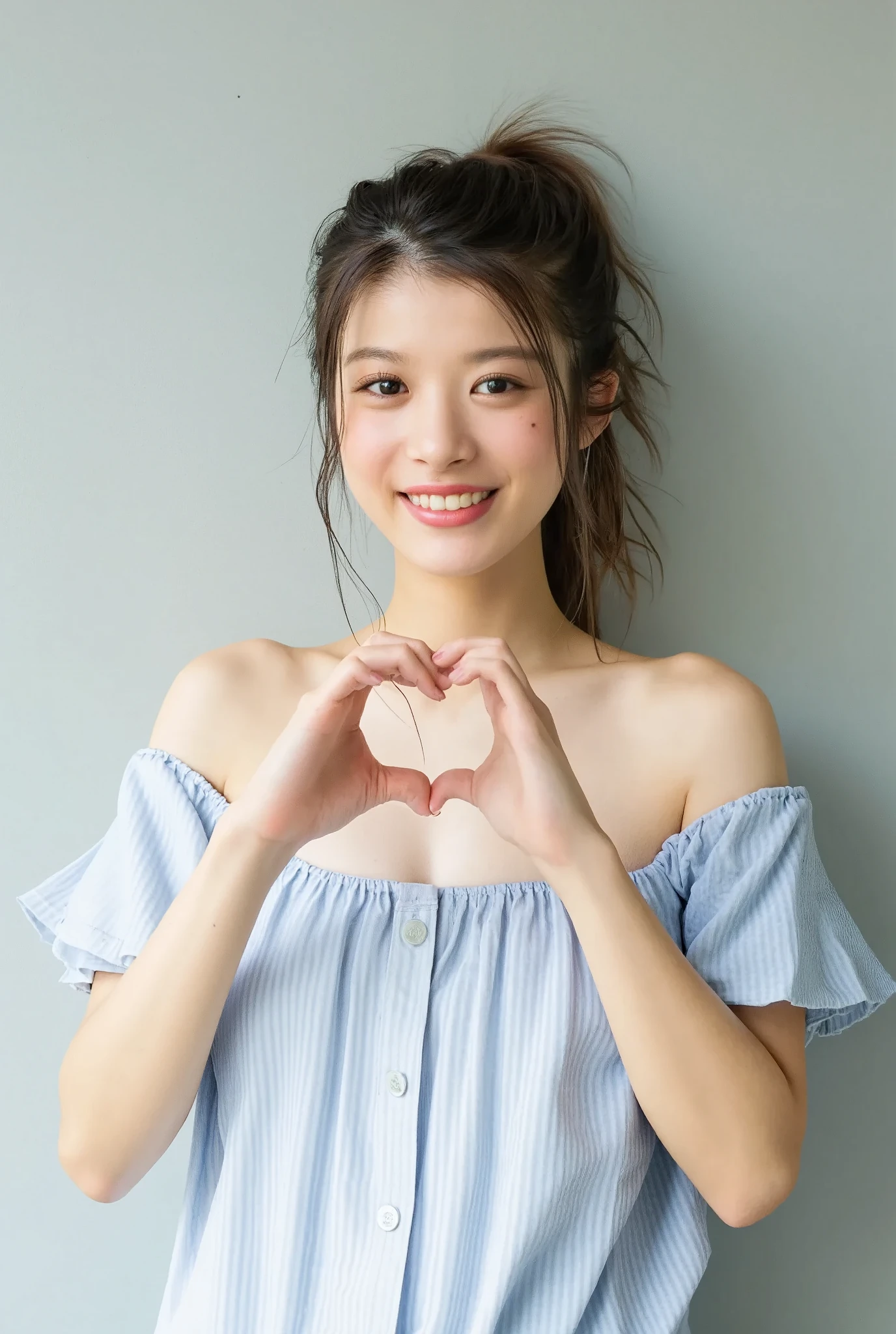 They are wearing off-shoulder pajamas, making a firm big heart shape with both hands, and holding them in front of their chest, View above collarbone、Throat up for a cute smile、Monotone background

