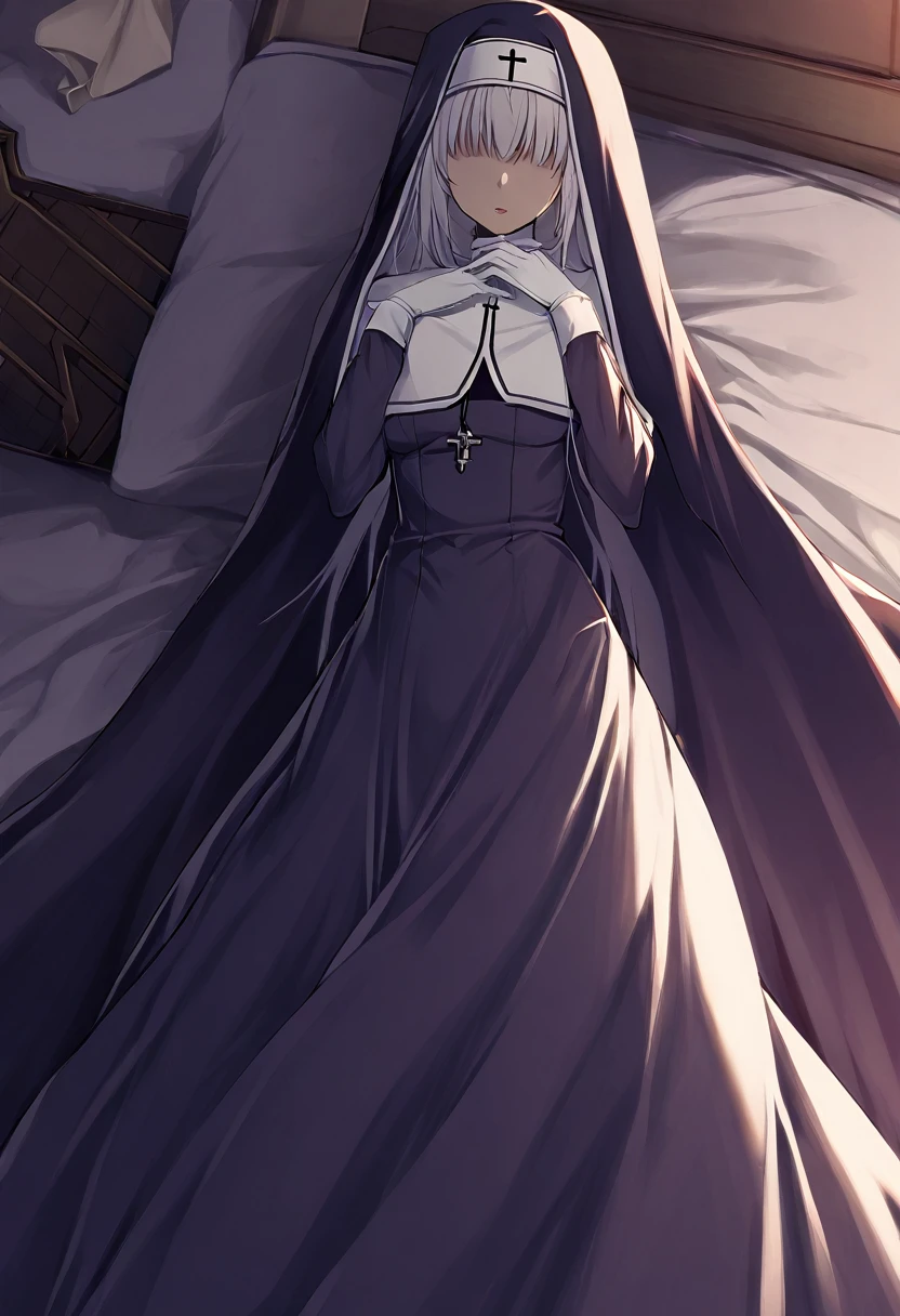 (1girl, solo) Nun, long skirt, long over loose sleeves, white gloves, faceless, handless, nun outfits, 
cape covering whole body, long cape, scary cape, sexy, sexy pose, laying down the bed, room, used cape to cover herself 