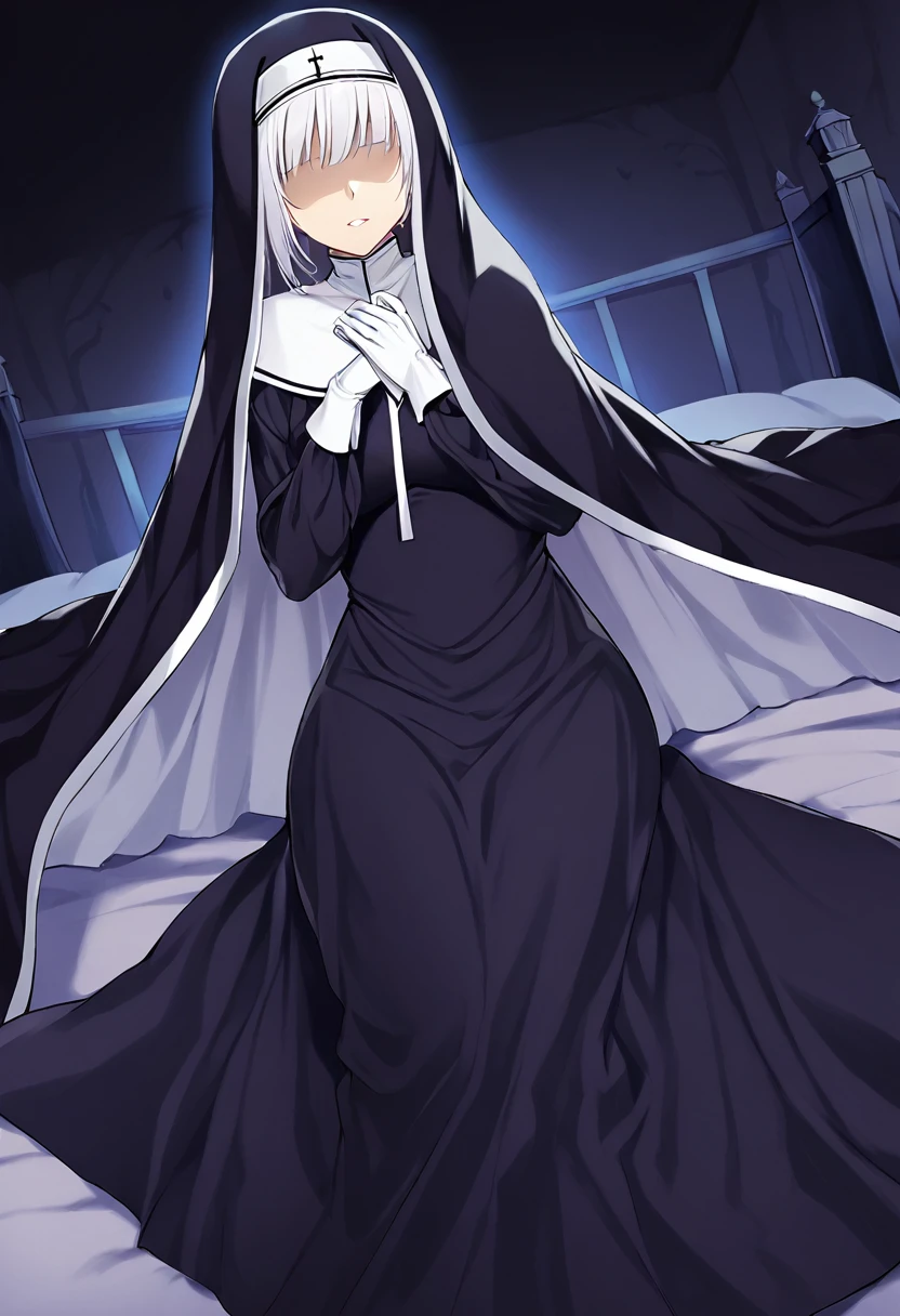 (1girl, solo) Nun, long skirt, long over loose sleeves, white gloves, faceless, handless, nun outfits, 
cape covering whole body, long cape, scary cape, sexy, sexy pose, laying down the bed, room, used cape to cover herself 