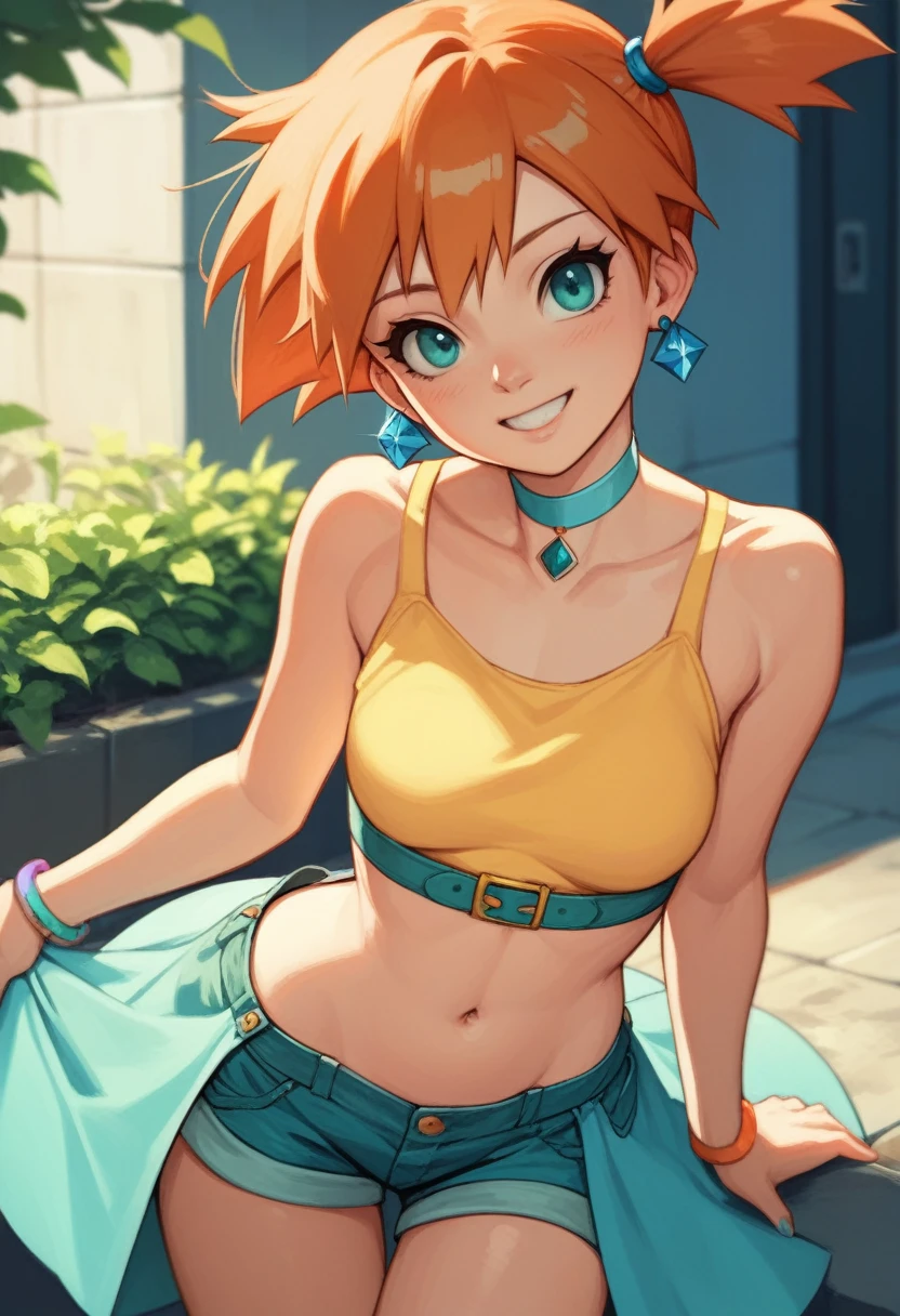 score_9, score_8_up, score_7_up, source anime,1girl,solo, misty \(pokemon\),aqua eyes,orange hair,bare shoulders,dress,earrings,hair ornament,jewelry,navel,shorts,showgirl skirt,single thighhigh,choker,looking at viewer,smile, conjoined, two headed