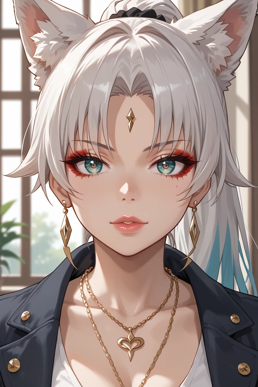 score_9, score_8_up, score_7_up, source_anime BREAK,FeiRND, animal ears, long hair, ponytail, multicolored hair, white hair, red eyeliner, ringed eyes, forehead mark, ear piercing,Gyarufication,gyaru, makeup, jewelry, lips,eyelashes