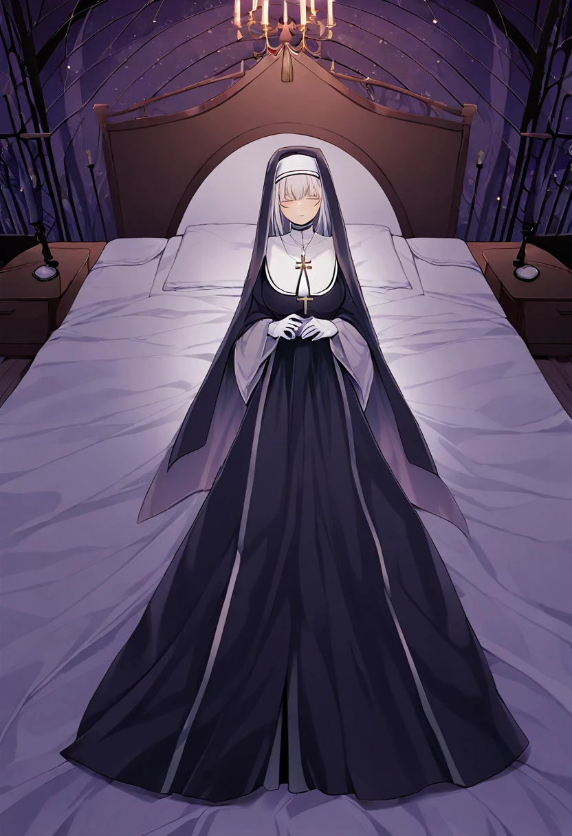 (2girls, couple) Nun, long skirt, long over loose sleeves, white gloves, faceless, handless, nun outfits, 
cape covering whole body, long cape, scary cape, sexy, sexy pose,, room, bed, laying down on bed, sleeping together 