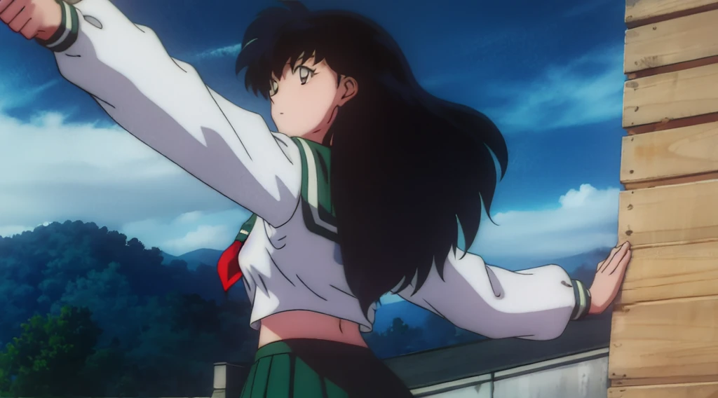 1girl, solo, outdoors, long hair, brown eyes, school uniform,(Masterpiece: 1.6, Best Quality), (Fine Beautiful Eyes: 1.2), (best quality, masterpiece, higher), green school uniform, soft thighs , long sleeves, white socks, scenery , Best Quality, ((anime)) ((Colored)) HD, Kagome Higurashi ,school uniforms, Standing, Green skirt, Red scarf, long hair, Black hair between the eyes, Thighs are soft, school background , black hair, skirt ,standing, green skirt, serafuku, belly button, stretching, both arms up high, looking down, looking at belly button, starring at belly button, happy