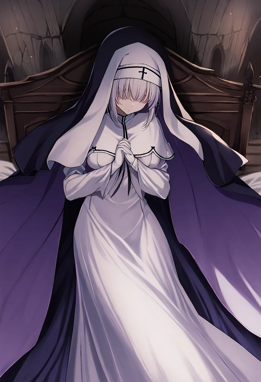 (1girl, solo) Nun, long skirt, long over loose sleeves, white gloves, faceless, handless, nun outfits, 
cape covering whole body, long cape, scary cape, sexy, sexy pose, laying down the bed, room, cape cover herself 