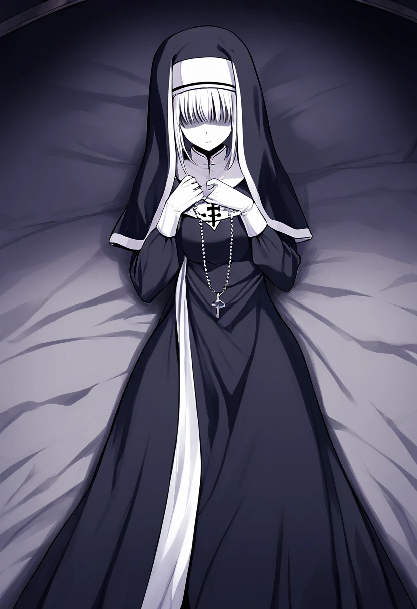 (1girl, solo) Nun, long skirt, long over loose sleeves, white gloves, faceless, handless, nun outfits, 
cape covering whole body, long cape, scary cape, sexy, sexy pose, laying down the bed, room, cape cover herself 