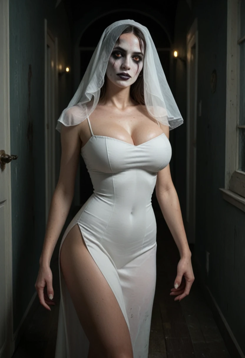  Subtly censor  ,  image suitable for the public . Ambiente macabro, horror scene.  Supersexy woman wearing a ghost costume  .  A woman's face completely covered For a White Veil  ,  body of a super sexy woman  ,  big breasts  ,  BIG T highlighted by the white dress  ,  small waist , sexy waist,  large hips, sexy hips, sexy ass, attractive butt, beautiful thighs,  striking thighs  , muslos grandes,  semitransparent white dress that highlights her beautiful curved scenery  ,  white dress fitted to her body  ,  beautiful simple white dress  ,  dress that is part of a ghost costume  ,  with excess fabric on the arms that allude to the shape of ghosts  ,  ghost pose scaring others  ,  parts of the costume become transparent with light  , scary scenario , scenario recreated in a dark quiet of a scary abandoned hotel , moist walls  , dimly lit hallway, ,  the burly ghost woman is perfectly illuminated by the ambient lights that reveal her beautiful figure.  Hyperrealistic composition style with semi-realistic details  ,  perfect composition  ,  A masterpiece of the highest quality, 16k quality,  high contrast,  Focus on the details , scary semi-dark environment ,  The scene and the macabre environment predominate , scary.