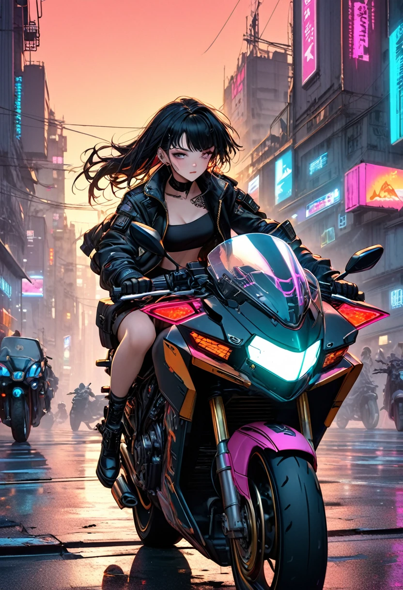 (female cyborg riding a bicycle)(((In 8K. HDR.hyper realism、master piece 1.2、wlop1、cinematic、Detailed content、Live photo 1.2, Highest quality 1.2、 Super detailed、very detailed、perfect shading、Low angle full body shot 1.2、1 photo、Commercial photo 1.2、50mm 、film grain、SF)))、(((Cyborg running on a bicycle、)))(mechanical joint: 1.2),((Mechanical marginMechanical vertebrae are attached behind the vessels、connected to the tube。Mechanical cervical vertebrae are connected to the neck。) ), No expression, (wires and cables attached to the neck: 1.2), (Head wires and cables: 1.2), (focus on character), (rider suit、buildings at night、buildings at night、impressive night view、cyberpunk world、ride a motorcycle、ride a motorcycle),, (focus on character、Angle from the side)、(white skin、small breasts、black hair、short bob、bob hair、bangs)