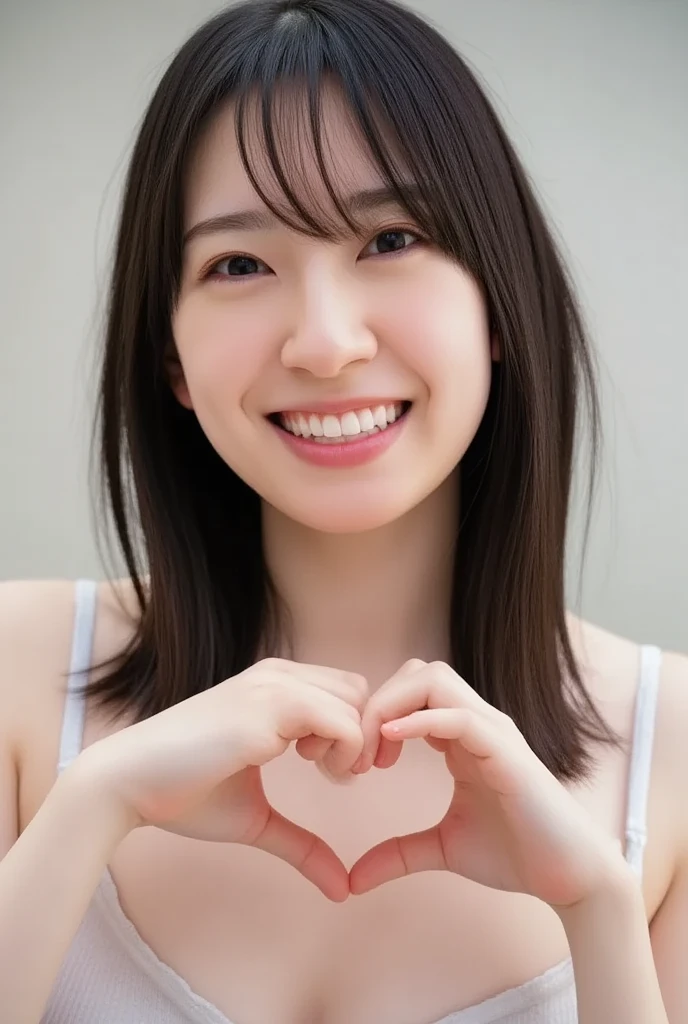 They are wearing off-shoulder pajamas, making a firm big heart shape with both hands, and holding them in front of their chest, View above collarbone、Throat up for a cute smile、Monotone background

