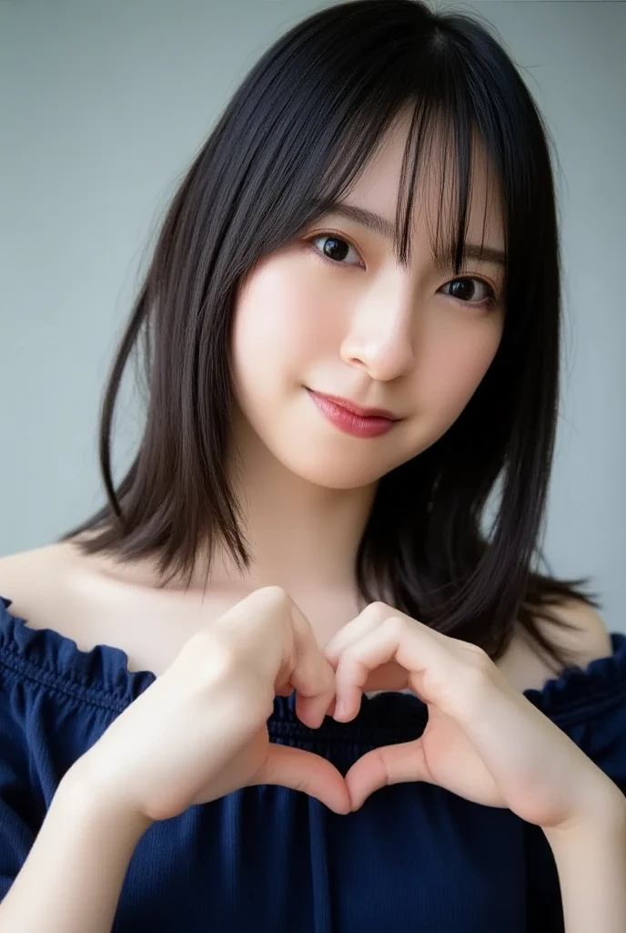 They are wearing off-shoulder pajamas, making a firm big heart shape with both hands, and holding them in front of their chest, View above collarbone、Throat up for a cute smile、Monotone background

