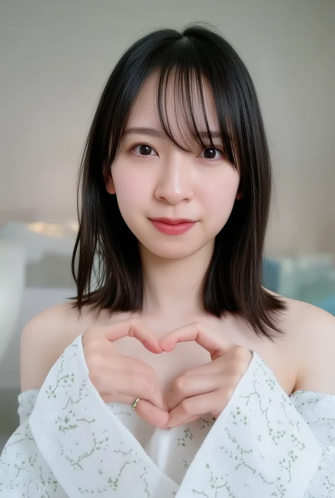 They are wearing off-shoulder pajamas, making a firm big heart shape with both hands, and holding them in front of their chest, View above collarbone、Throat up for a cute smile、Monotone background

