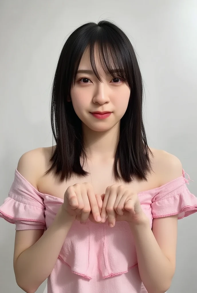 They are wearing off-shoulder pajamas, making a firm big heart shape with both hands, and holding them in front of their chest, View above collarbone、Throat up for a cute smile、Monotone background

