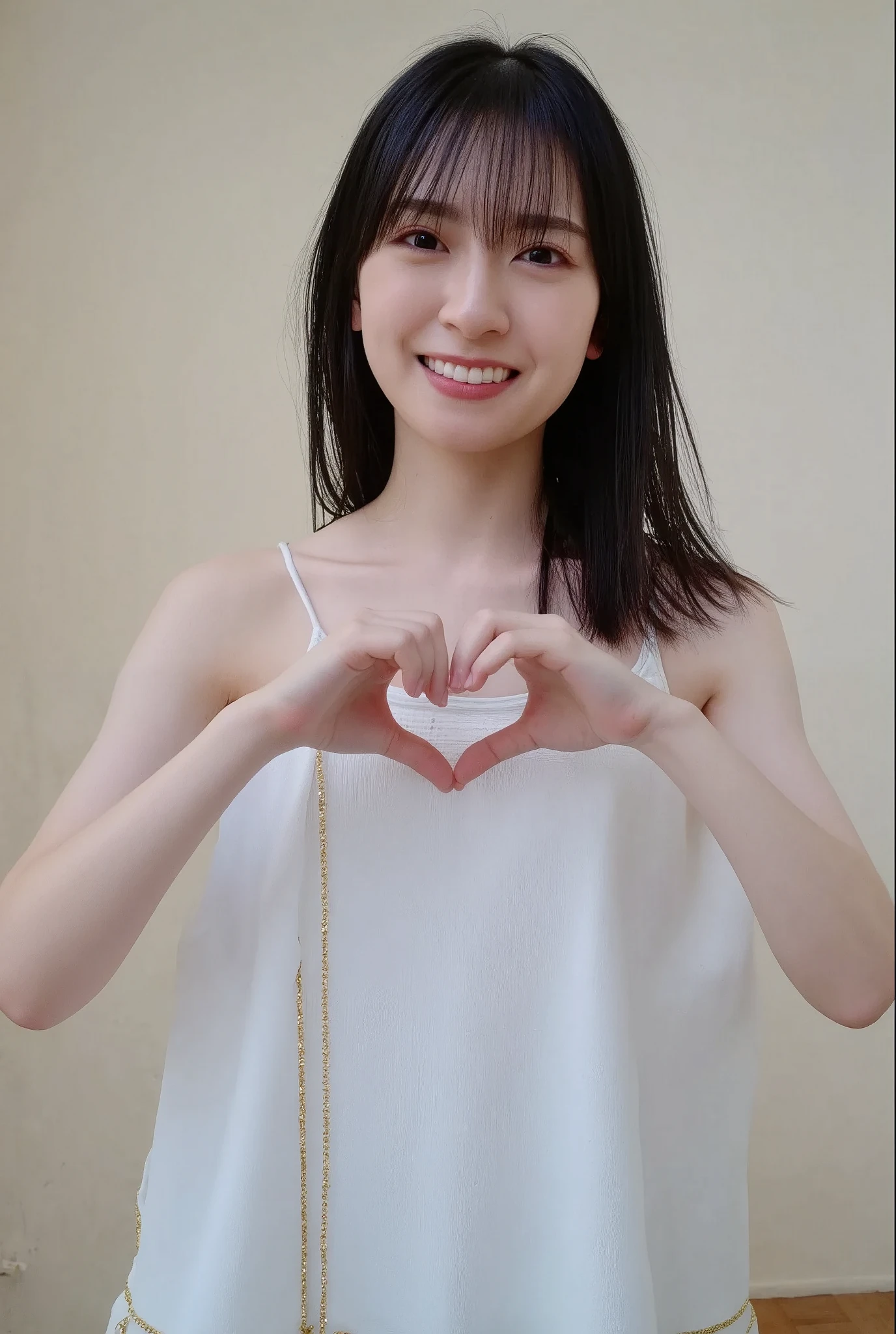 They are wearing off-shoulder pajamas, making a firm big heart shape with both hands, and holding them in front of their chest, View above collarbone、Throat up for a cute smile、Monotone background

