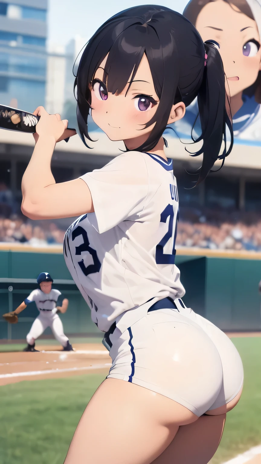  Very detailed CG Unity 8K wallpaper),(masterpiece), (Best Quality), ( very detailed), ( Best Illustration),( best shadow ), Dynamism, functional, voluminous ,, bun with purple eyes and purple hair together , big breasts at the temple　You can become a sanga  ,  1 girl,  white shirt ,  dry,Under the butt (((  firmly support your butt with a baseball bat))) 