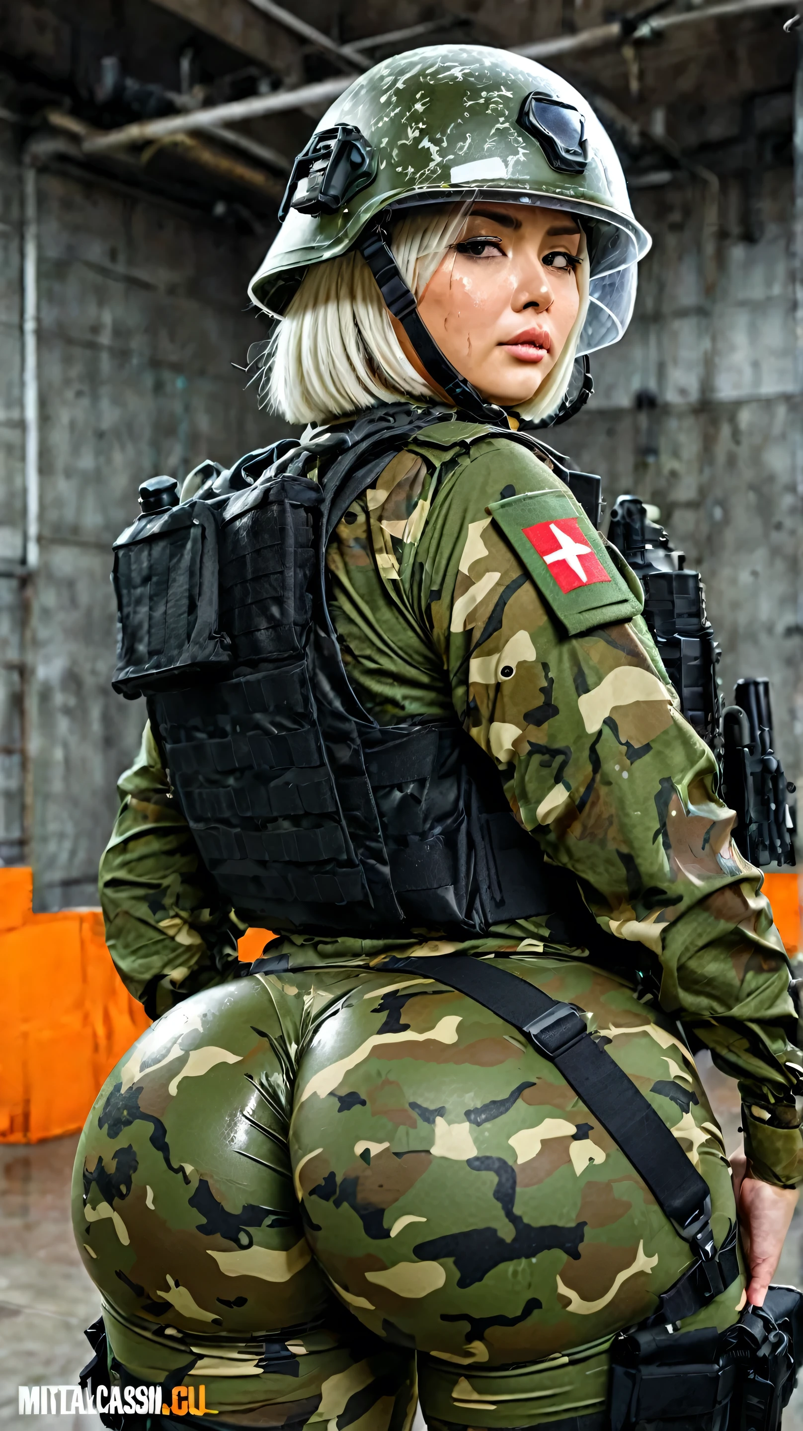 a contractor young girl, Japanese and Russian facial features, white french bob haircut, with mosin, wearing full equip militar camouflage, chest rig tactical vest, ballistic helmet with face shield, fully dressed, sweaty body, voluptuous body, focusing on her ass, mega exaggeratedly inflated hips, large hips and extra big ass, hips too large and wide, slim waist, back, very close up, in a metal sheet room,