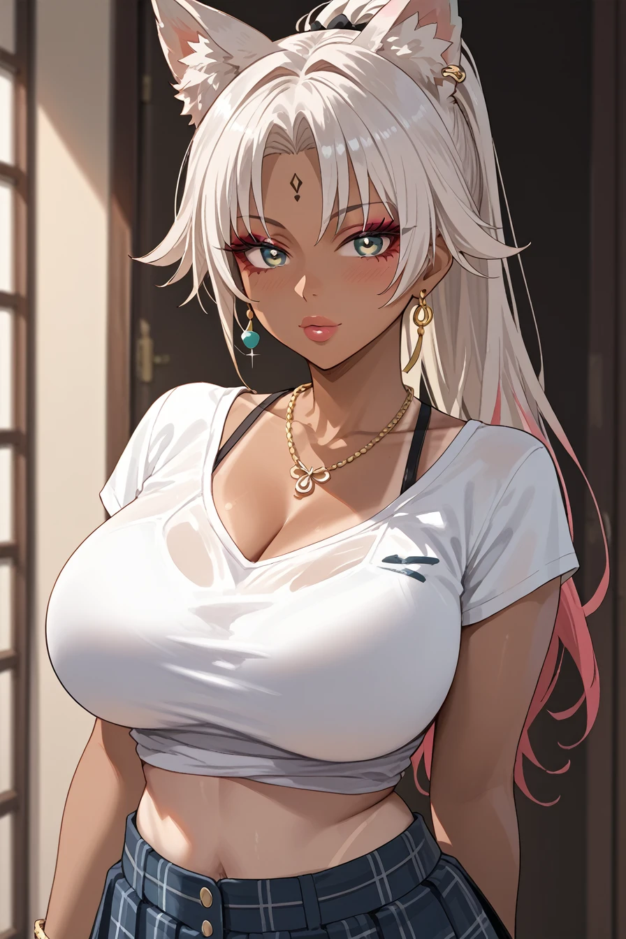 score_9, score_8_up, score_7_up, source_anime BREAK,,(1 female:1.5),(tanline:1.5),(dark-skinned female:1.5),(Large breasts:1.3),(curvy:1.3),blush,Gyarufication,(gyaru, makeup, jewelry, lips,eyelashes:1.3),FeiRND, animal ears, long hair, ponytail, multicolored hair, white hair, red eyeliner, ringed eyes, forehead mark, ear piercing,leopard print shirt,high-waist skirt,