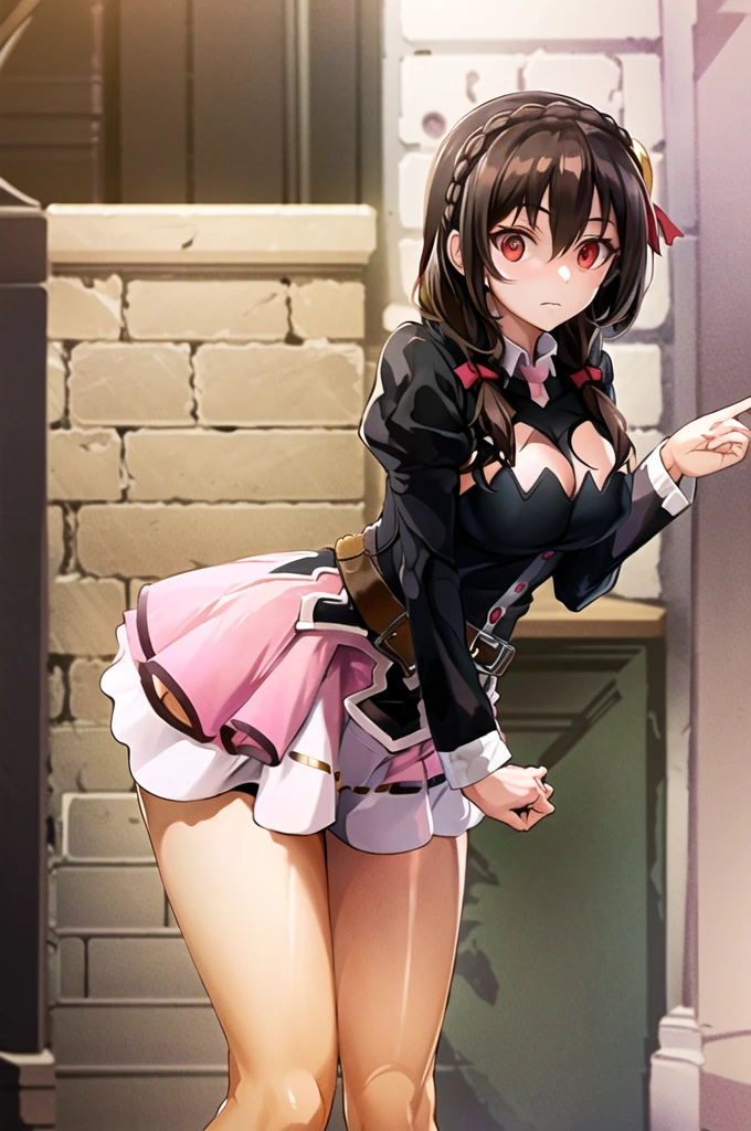 master part, best quality, Altas, yunyun1, 1girl, red eyes, Alone, thighs, gravata, skirt, pigtail, long hair, gravata rosa,  big boobs, belt, hair ornament, black hair, hairbow, crown braid,  long sleeves, brown hair, Double tails, frown, Pointing, leaning forward, Looking at the Viewer, dungeon,