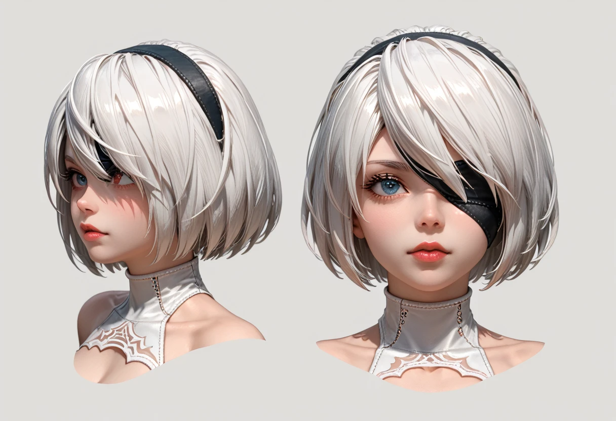 character sheet desing 2b from nier automata, only head. beauty face, perfect proportion, simetria, ((((3d model only head)))) ((((front view head and left view and back view and top view)))))) front view and left view side of her head, beauty face and laterak perfil