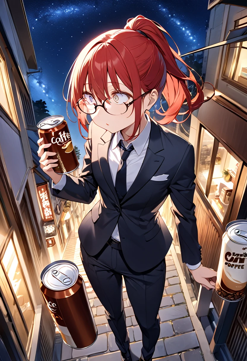 High image quality、woman、Petite、Small breasts、Red hair in a ponytail、Wear glasses、Three white eyes、suit、tie、pants、night、Outdoor、Looking up at the starry sky、Canned coffee１Book