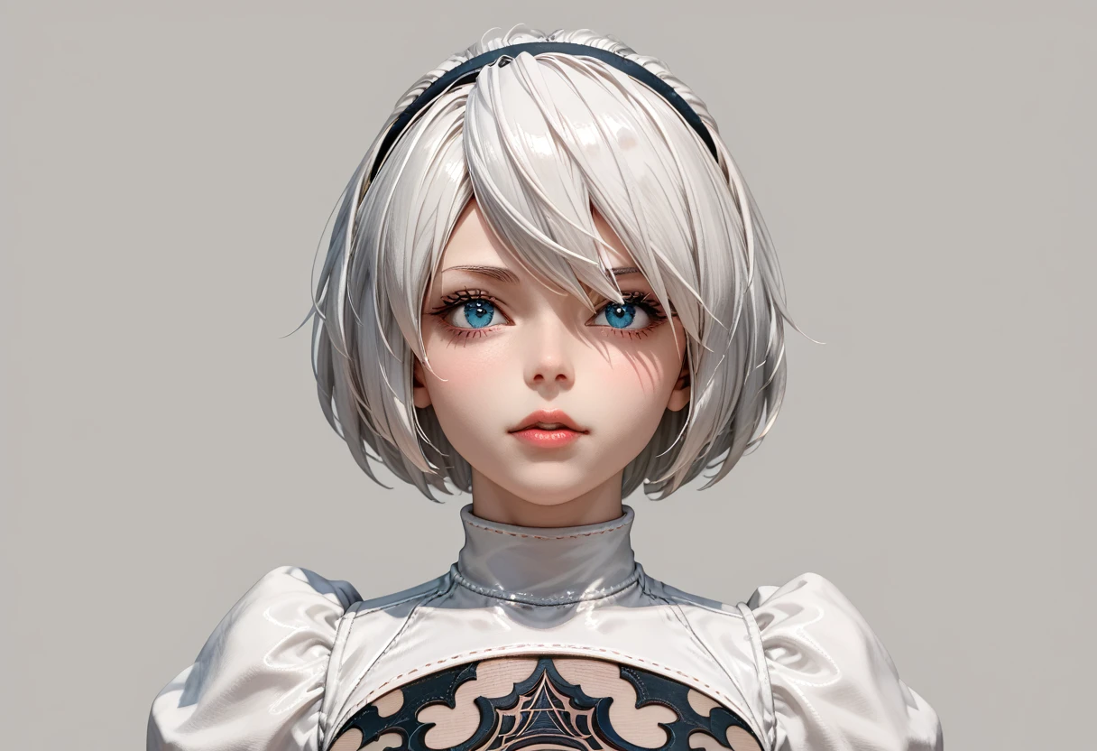 character sheet desing 2b from nier automata, only head. beauty face, perfect proportion, simetria, ((((3d model only head)))) ((((front view head and left view and back view and top view)))))) front view and left view side of her head, beauty face