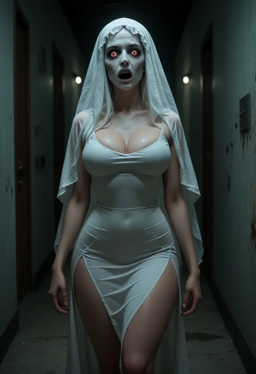  Subtly censor  ,  image suitable for the public . Ambiente macabro, horror scene.  Supersexy woman wearing a ghost costume  .  A woman's face completely covered For a White Veil  ,  body of a super sexy woman  ,  big breasts  ,  BIG T highlighted by the white dress  ,  small waist , sexy waist,  large hips, sexy hips, sexy ass, attractive butt, beautiful thighs,  striking thighs  , muslos grandes,  semitransparent white dress that highlights her beautiful curved scenery  ,  white dress fitted to her body  ,  beautiful simple white dress  ,  dress that is part of a ghost costume  ,  with excess fabric on the arms that allude to the shape of ghosts  ,  ghost pose scaring others  ,  parts of the costume become transparent with light  , scary scenario , scenario recreated in a dark quiet of a scary abandoned hotel , moist walls  , dimly lit hallway, ,  the burly ghost woman is perfectly illuminated by the ambient lights that reveal her beautiful figure.  Hyperrealistic composition style with semi-realistic details  ,  perfect composition  ,  A masterpiece of the highest quality, 16k quality,  high contrast,  Focus on the details , scary semi-dark environment ,  The scene and the macabre environment predominate , scary.