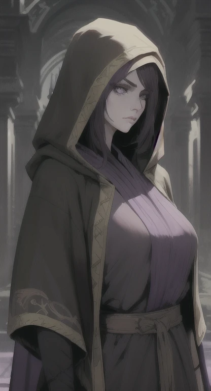 Sophisticated , Lady Amirah, Celestial Sage, Brown hair, purple eyes, sacred robes, hooded robes, masked robes, SFW, field, confused look,