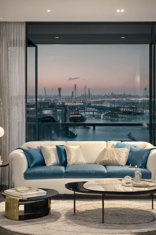 dreamy, luxurious living room with satin metallic glossy furniture at twilight with a view overlooking of london. gradient of powder blue and white sky, enhancing the magical, serene atmosphere. 1989 retro, retrowave,