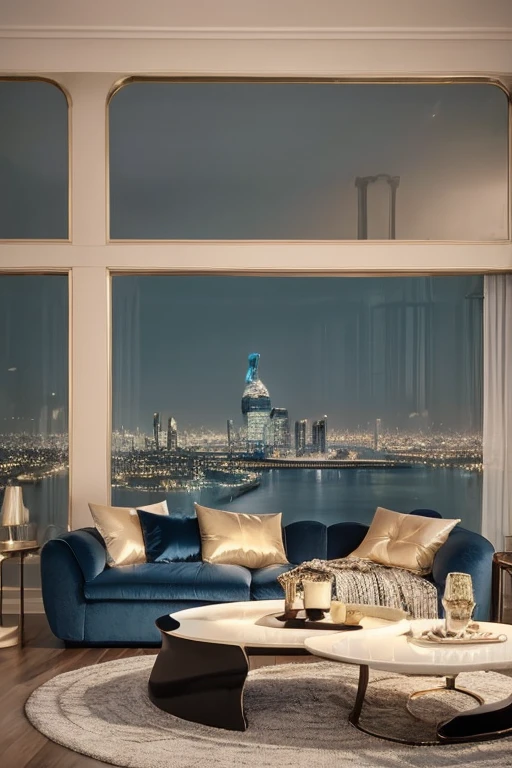 dreamy, luxurious living room with satin metallic glossy furniture at twilight with a view overlooking of london. gradient of powder blue and white sky, enhancing the magical, serene atmosphere. 1989 retro, retrowave,