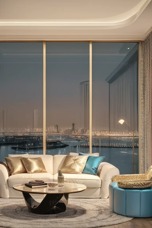 dreamy, luxurious living room with satin metallic glossy furniture at twilight with a view overlooking of london. gradient of light blue and white sky, enhancing the magical, serene atmosphere. 1989 retro, retrowave,