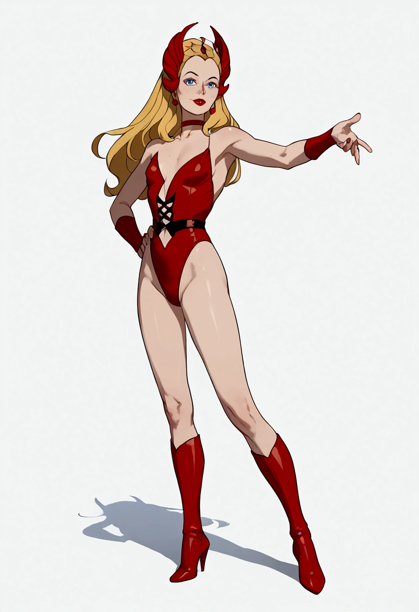 ((full body shot, standing, feet on the ground)) She-Ra - Princess, masterpiece, best quality, highly detailed, score_9, score_8_up, score_7_up, score_6_up, anime font,BREAK, 1girl, solo, dominatrix , no clothes, naked, long hair, blue eyes, flower, blonde hair, hair crown, small breasts, bow, looking at viewer, freckles, parted lips, smile, full body, golden details, red lips, lips,ballet leather boots, from the front, She looks at you, her gauze hurts, fishnets, white background, neutral cast, dance pose

