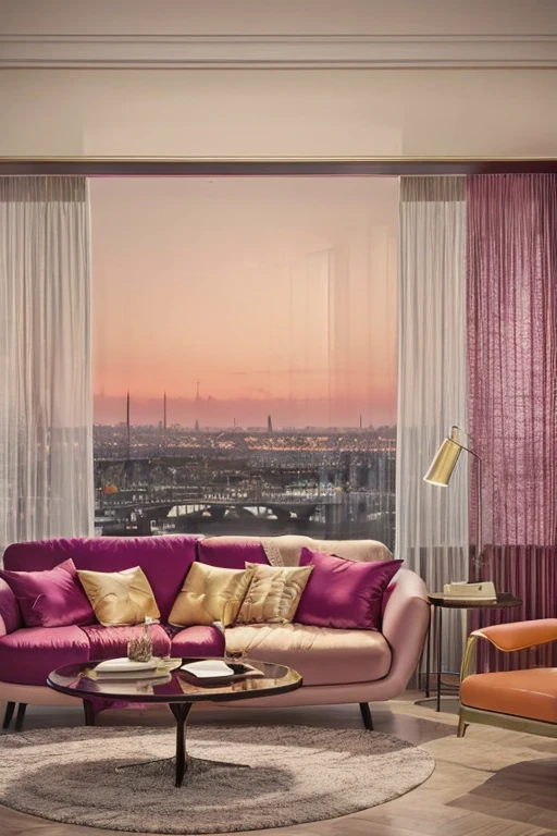 dreamy, luxurious living room with satin metallic glossy furniture at twilight with a view overlooking of london. gradient of magenta and orange sky, enhancing the magical, serene atmosphere. 1989 retro, retrowave,