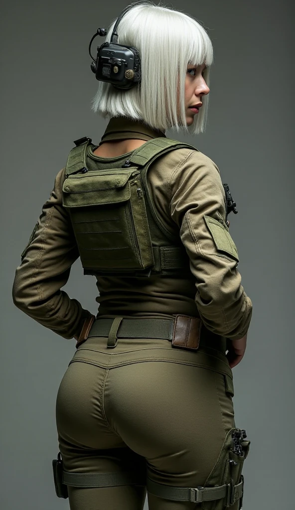 a contractor young girl, Japanese and Russian facial features, white french bob haircut, pulling down his pants, wearing full equip militar camouflage, chest rig tactical vest, ballistic helmet with face shield, fully dressed, sweaty body, voluptuous body, focusing on her ass, mega exaggeratedly inflated hips, large hips and extra big ass, hips too large and wide, slim waist, back, very close up, in an armory,