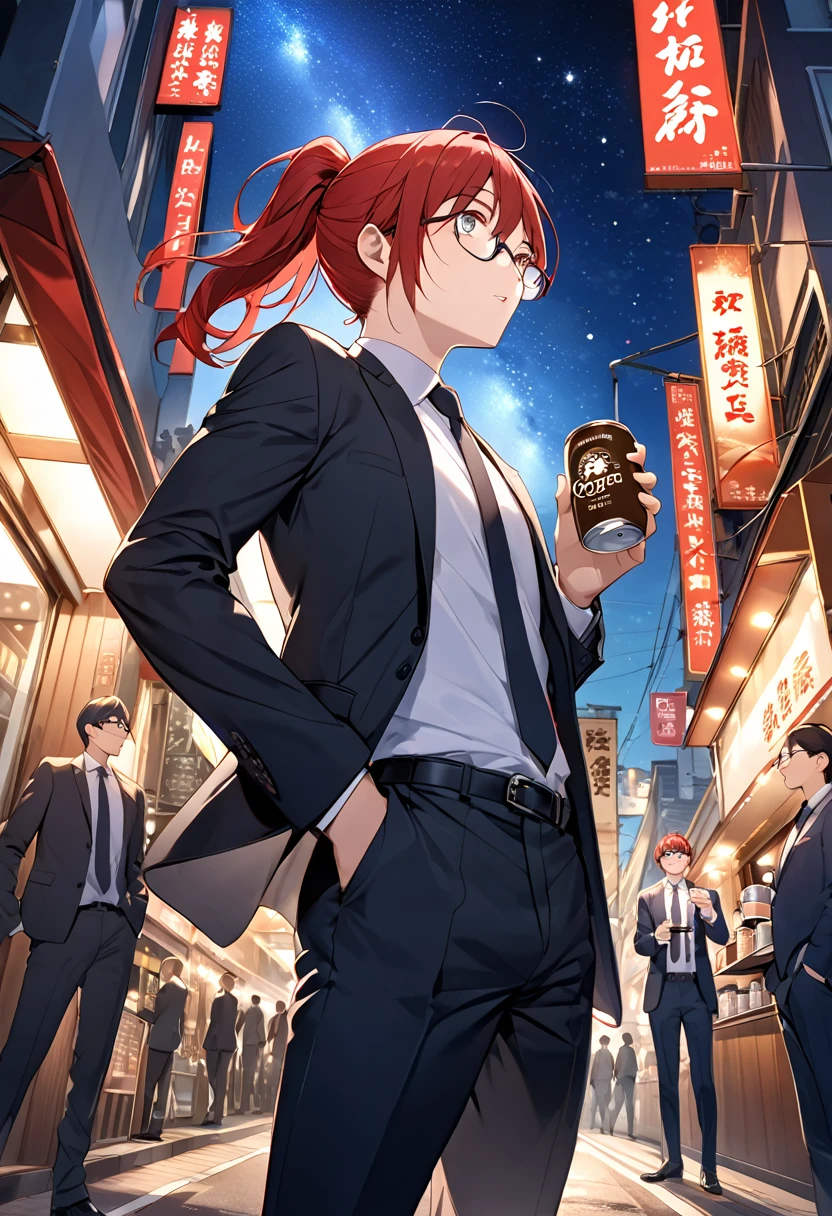 High image quality、Red hair in a ponytail、Wear glasses、Three white eyes、suit、tie、pants、night、Outdoor、Looking up at the starry sky、Canned coffee