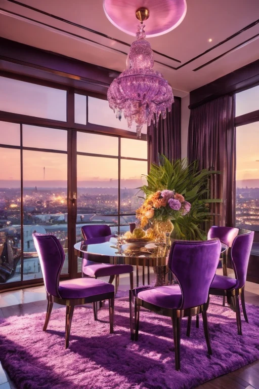 dreamy, luxurious dining room with satin metallic glossy furniture at twilight with a view overlooking of london. gradient of purple, pink and orange sky, enhancing the magical, serene atmosphere. 1989 retro, retrowave,