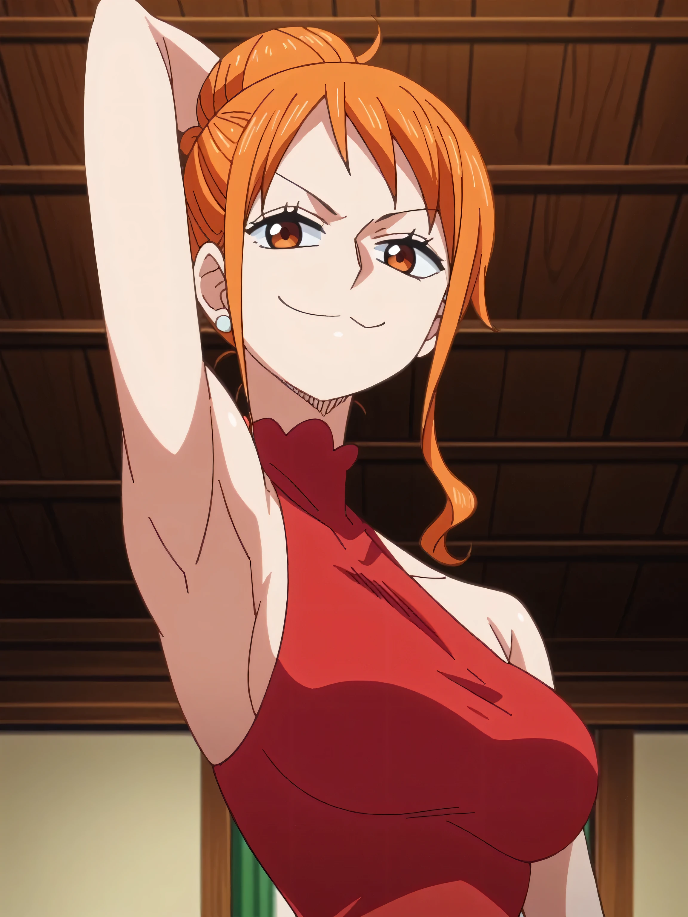 score_9, score_8_up, score_7_up, source_anime, anime screencap, 1girl, solo, nam1, wh0le-cak3-dress, red halter dress, high neckline, arm up, raised arm, arm behind head, armpit, looking at viewer, smile, smug closed mouth, indoors, from side, from below, hair bun, badhandv4