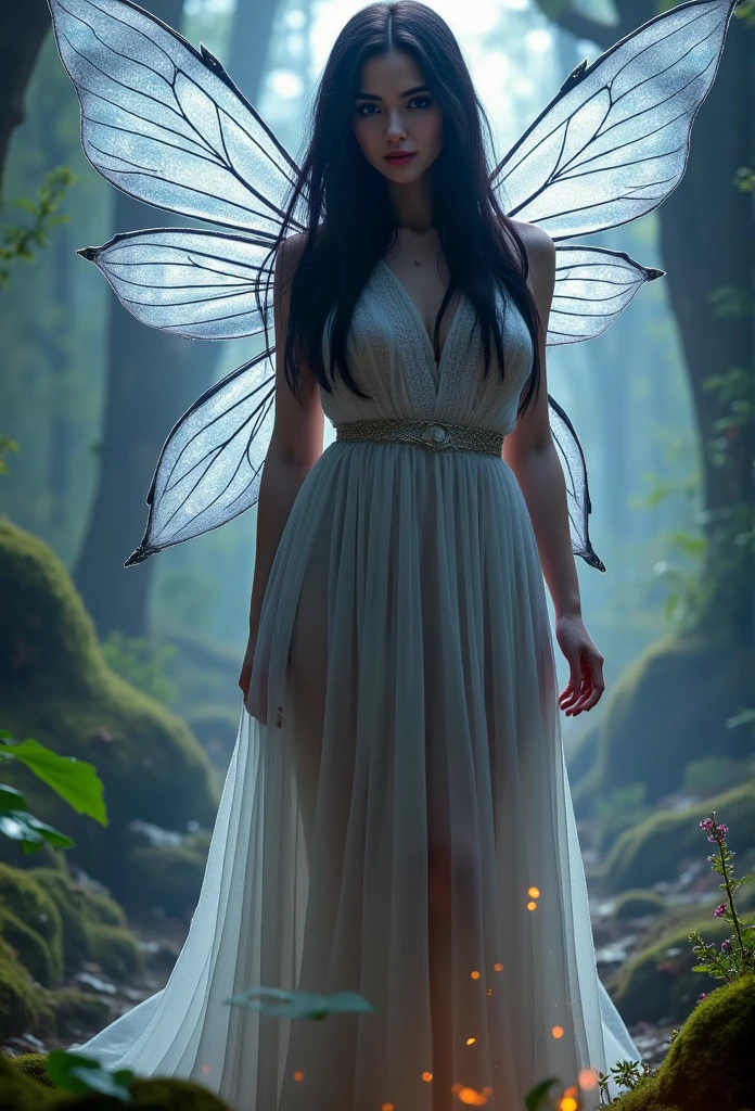 ((masterpiece)) ((photography)) ((Highest quality)) A mystical fairy standing in an enchanted forest, with an ethereal and delicate appearance. Her ((transparent wings)) are large, shimmering faintly with hints of silver and iridescent colors, almost blending into the misty forest behind her. She wears a ((transparent, flowing, translucent gown)) that seems woven from morning dew and spider silk, subtly revealing her silhouette. Her dark hair falls wildly around her, and her gaze is intense, filled with ancient wisdom and secrets. The scene is bathed in a soft, magical glow, with floating particles around, enhancing the fairy's otherworldly presence. Dark, mystical, and elegant.