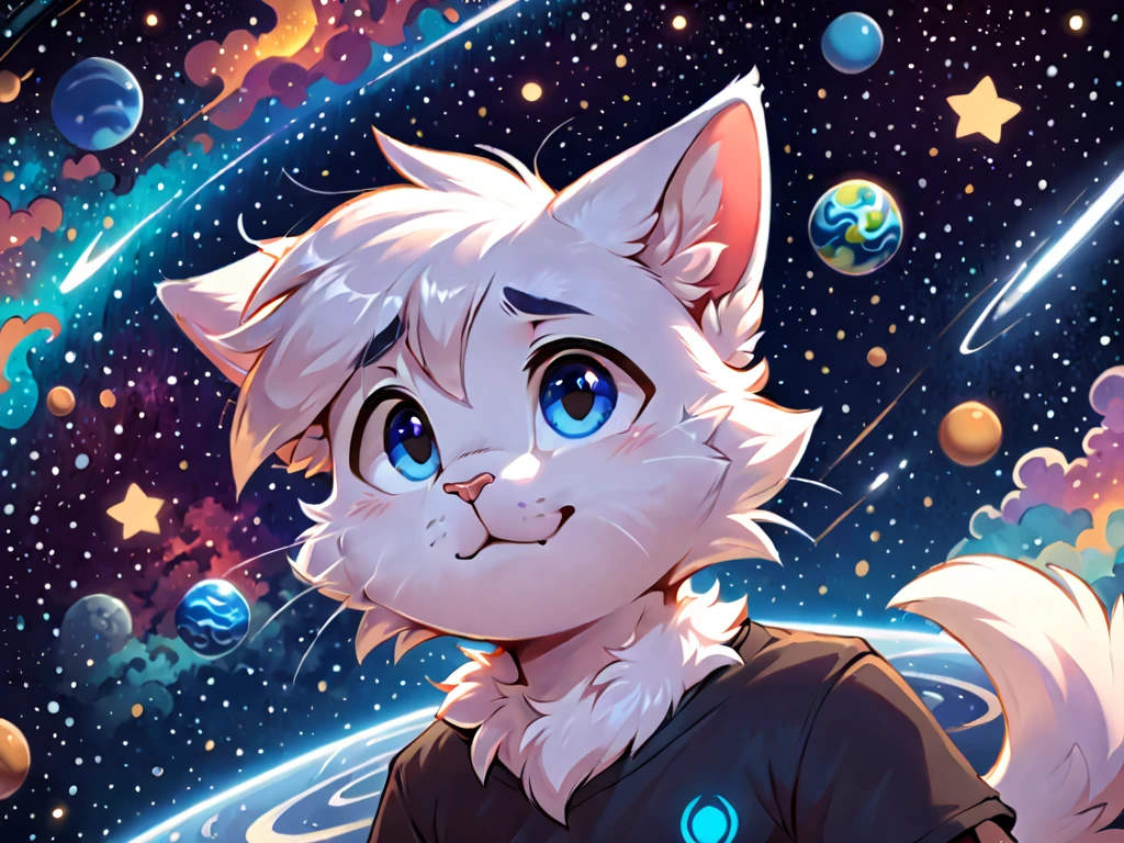 ((furry)) Furry male, ((male focus)), ((simple cat)), medium hair, smooth, tuft, detailed, simple shadows, ((cartoony style)), cheeks fluff, ((by Zackary)), ((neck fluff)), icon portrait, avatar icon, detailed, detailed eyes, solo focus, (((Simple shapes Space background))), cute, ((white hair)), ((cosmic fur)), cosmic fur, stars in fur, simple shading, ((simple artstyle)), cool expression, smug, fluffy, dynamic expression, dynamic, ((Dynamic camera angle)), ((Cute artstyle)), super simple, bewildered, huge, in space, ((floating)), surprised, confused, ((chilling pose)), full body, ((femboy)), big thighs, sexy body, ((flustered))