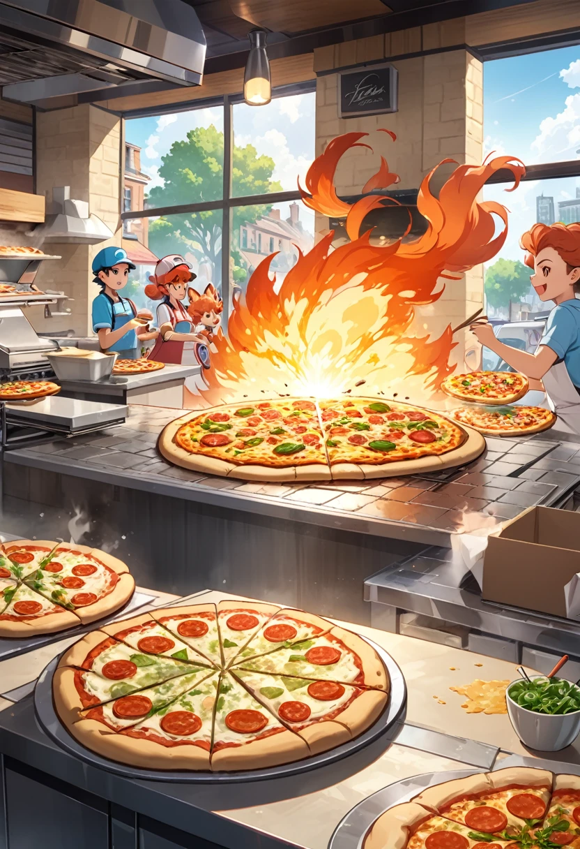 several Vulpix staff making pizzas in a pizza shop, cartoon, pokemon (high quality, 4k, masterpiece). One of the Vulpix spit fire in a traditional oven.