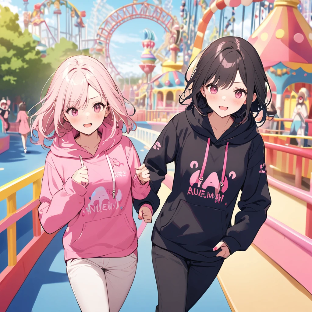 Two couples,((running around amusement park, matching hoodies, black with pink dots)) woman, pulling man's hand, very smiling, running, happy man, pulled by woman, love from man's point of view, anime style, delicate expression,((black jacket with rolled up sleeves)), opening jacket, fingerless gloves, white T-shirt, (white headband)), white pants, white shoes, brown belt, (white headband)), opening jacket, black pants, white shoes, brown belt, (black headband)) fingerless gloves, white T-shirt, (white headband)), open jacket, black pants, white shoes, brown belt, black hair, short cut, red eyes, dark skin
